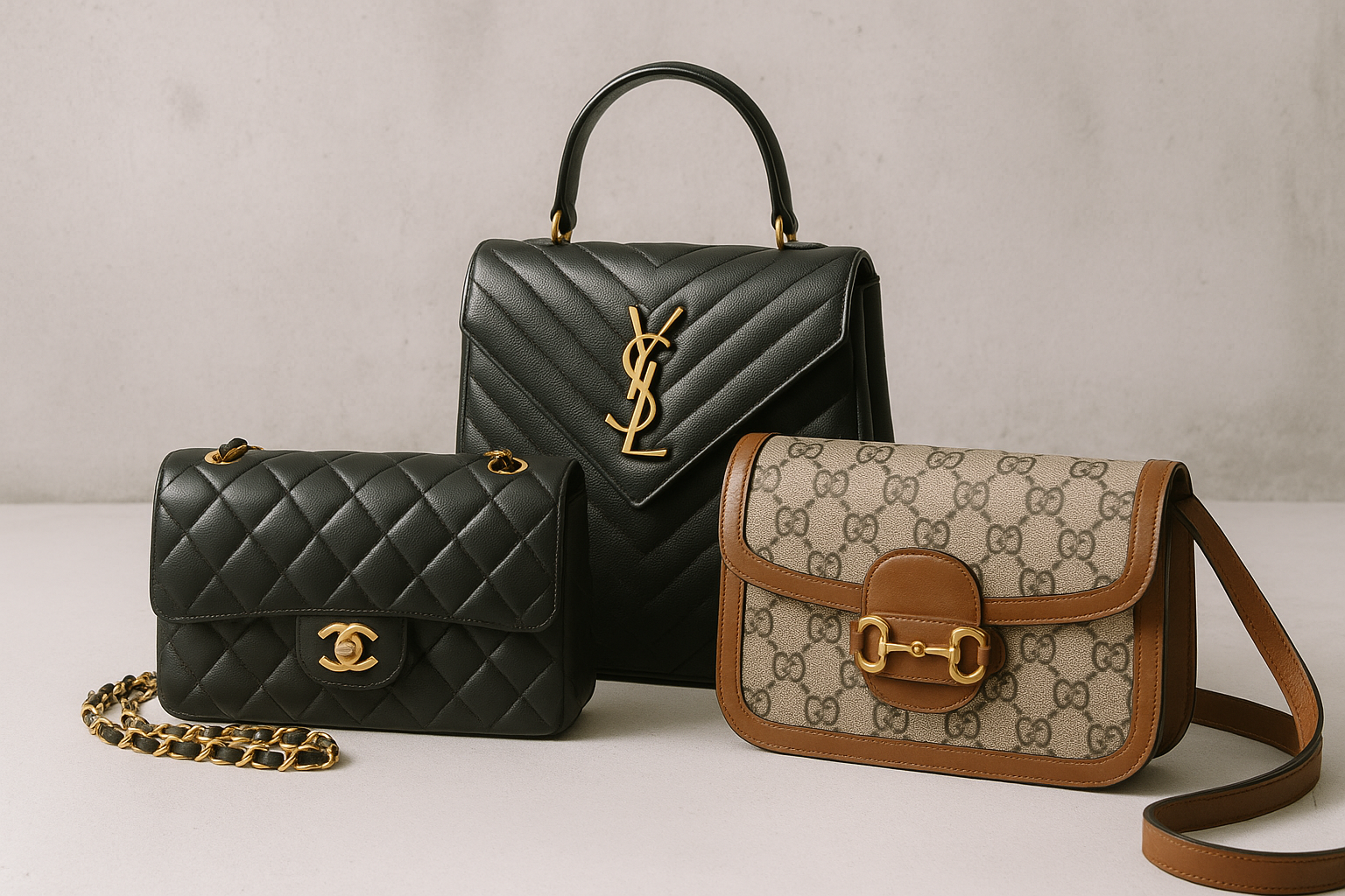vintage bags chanel YSL gucci in industrial white wall background and floor